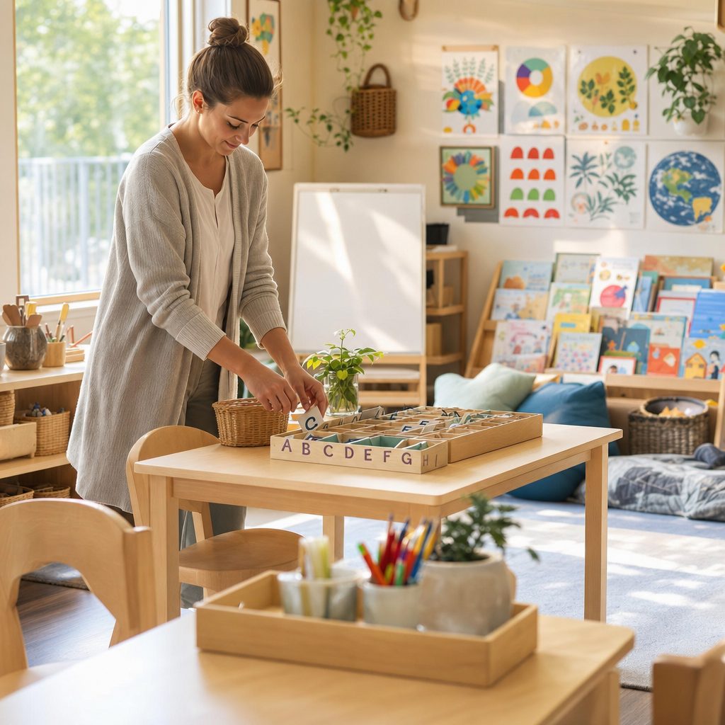 Preschool teacher preparing a pre-K learning center in a bright early-childhood classroom