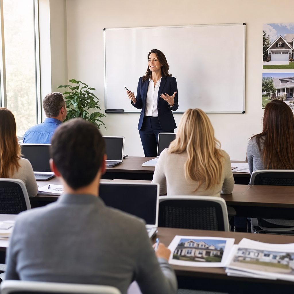 Instructor teaching adult students at a real estate school licensing exam-prep class