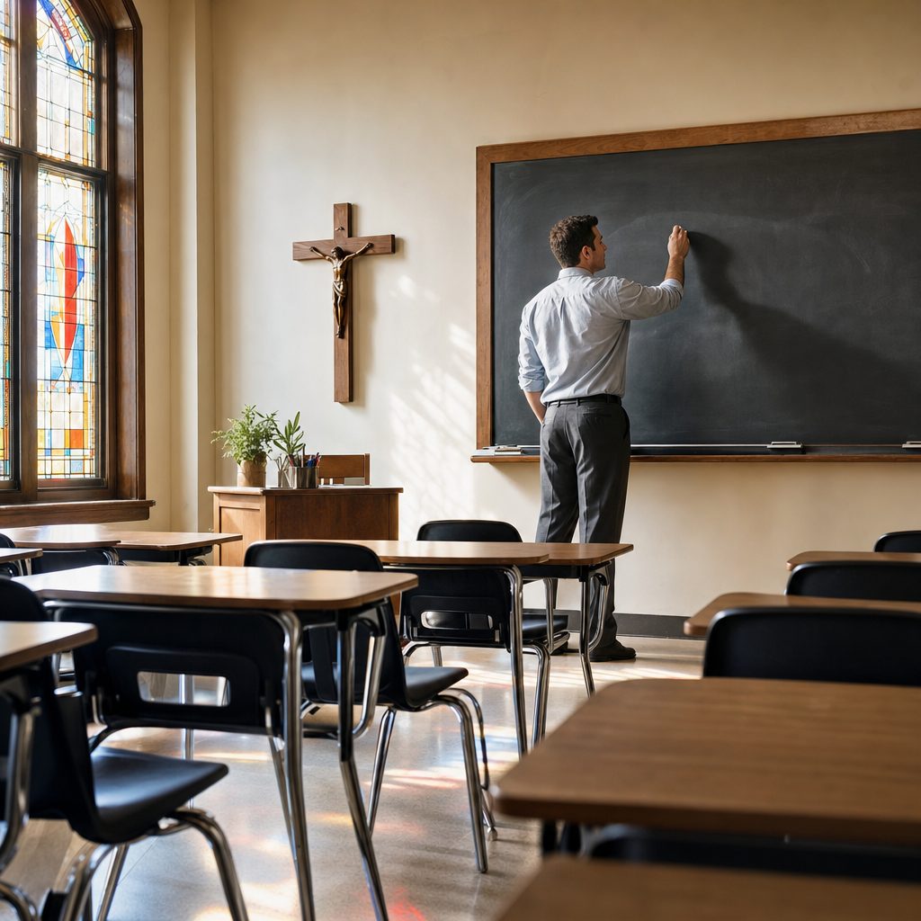 Adult teacher in a parochial school classroom with a wall cross, representing religious and parochial school insurance