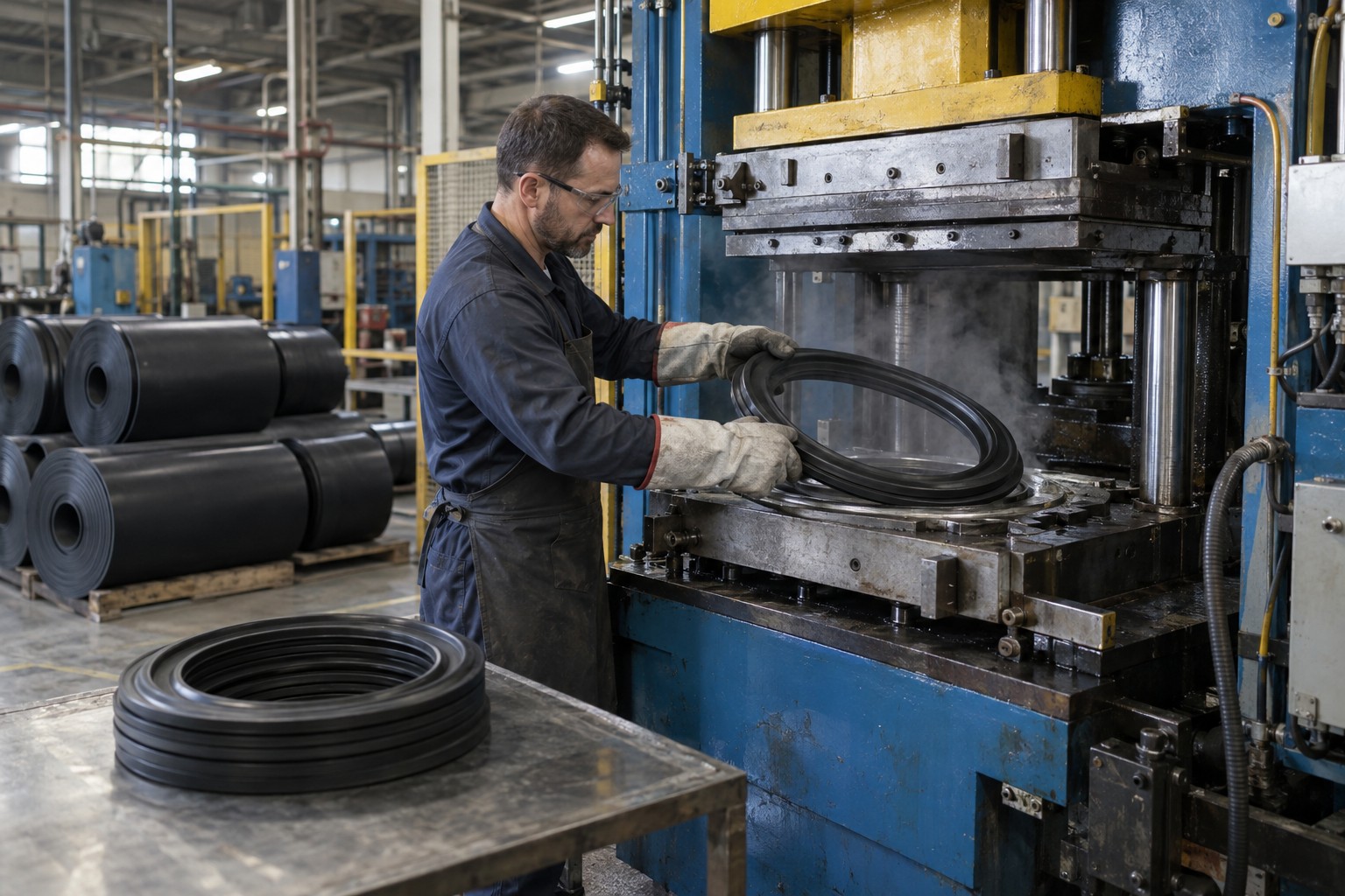 Rubber manufacturing worker removing a freshly molded gasket from an industrial curing press