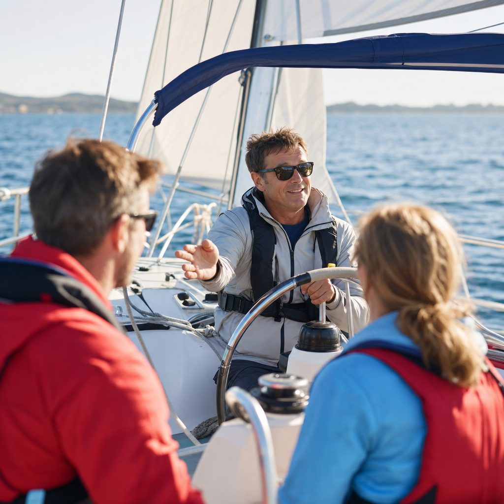 Sailing school instructor teaching students aboard a training sailboat on open water