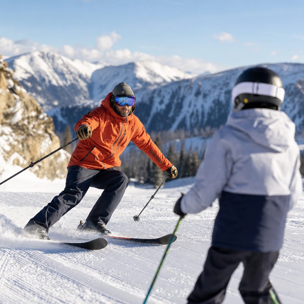 Ski school instructor teaching a student on a snowy slope, illustrating ski and skate school insurance