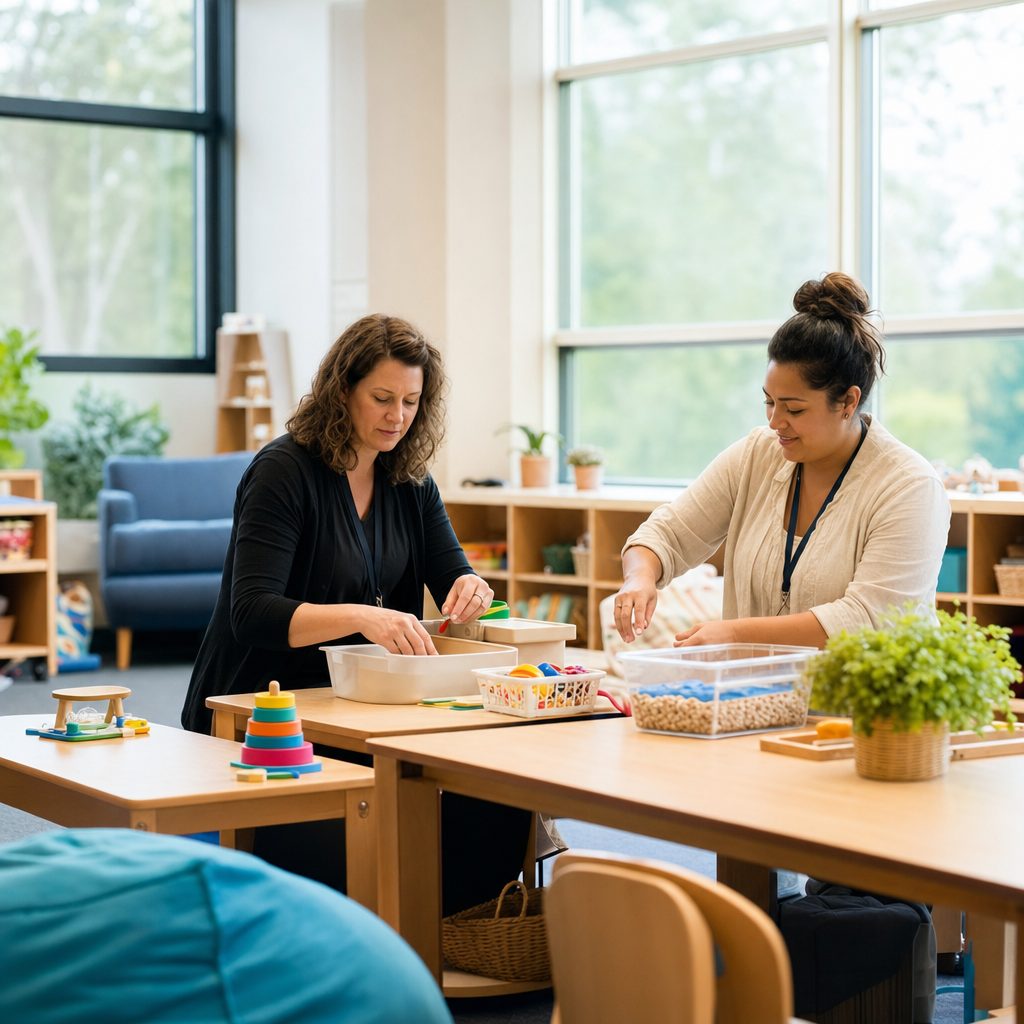 Adult instructor and paraprofessional in a special education school classroom with sensory and learning materials
