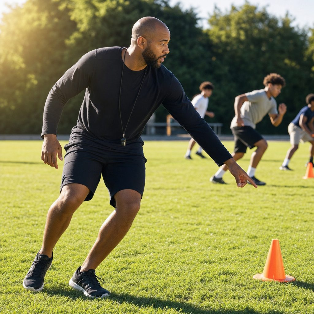 Sports academy coach leading a skills drill with young athletes on an outdoor training field