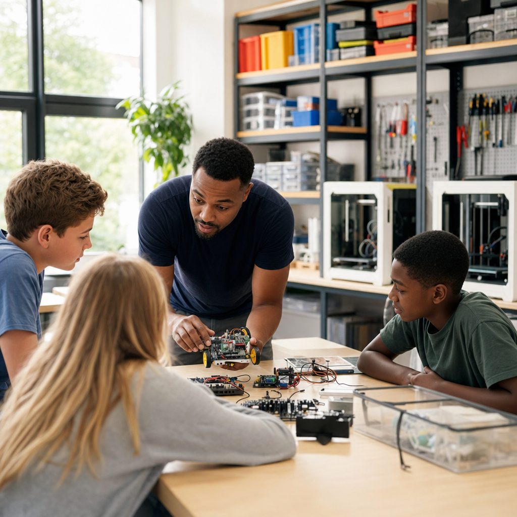 STEM and robotics learning center instructor demonstrating a robot build at a maker lab workbench