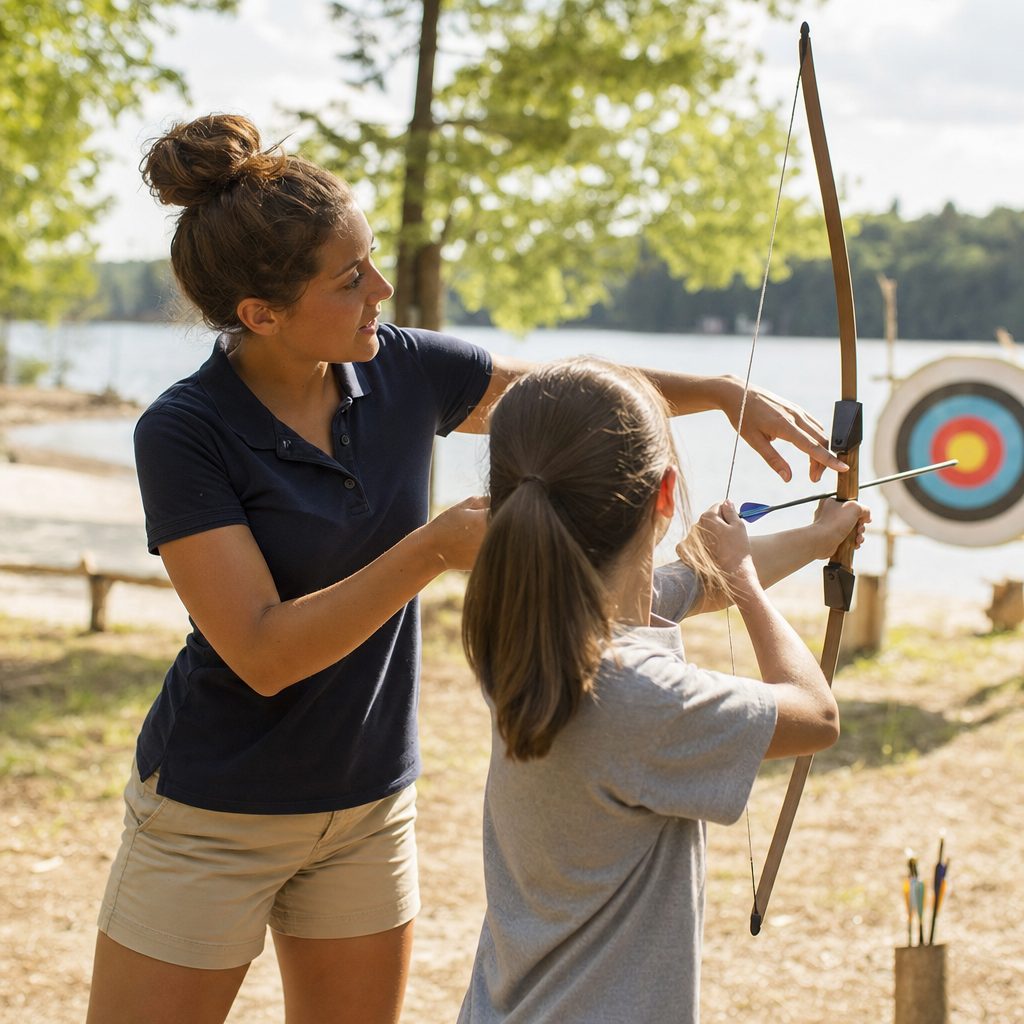 Adult summer camp counselor leading an outdoor archery activity at a day camp facility
