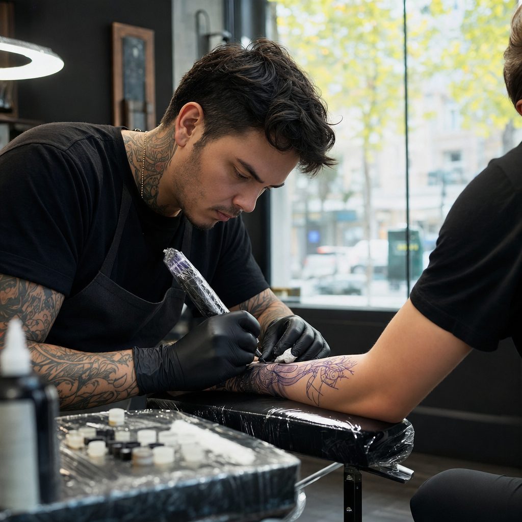 Tattoo artist tattooing a client's forearm at a sterile workstation in a professional tattoo shop