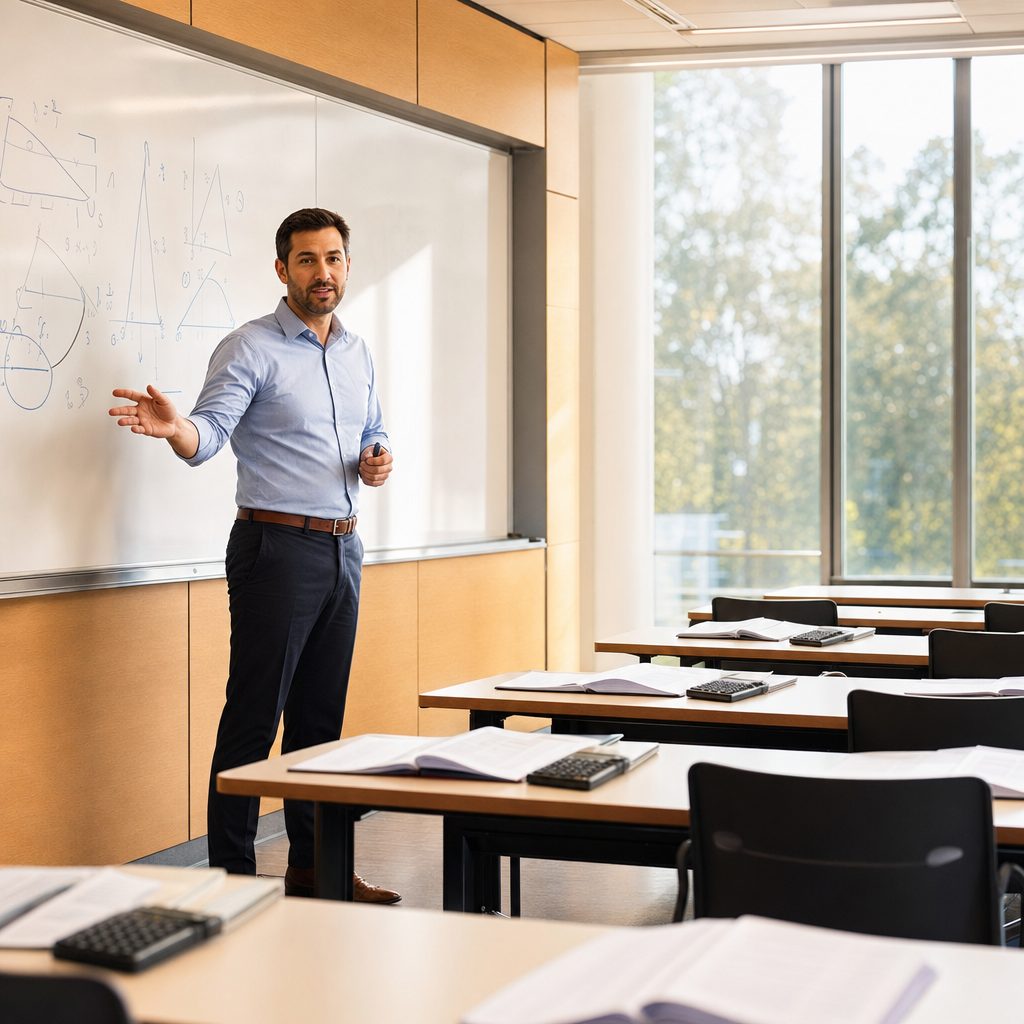 Adult instructor teaching at a whiteboard inside a modern SAT and ACT test prep center classroom