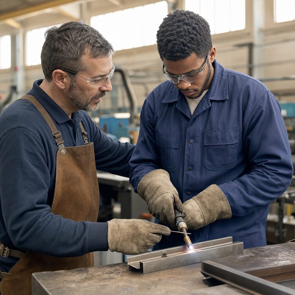 Welding instructor teaching an adult student at a trade and vocational school training bay