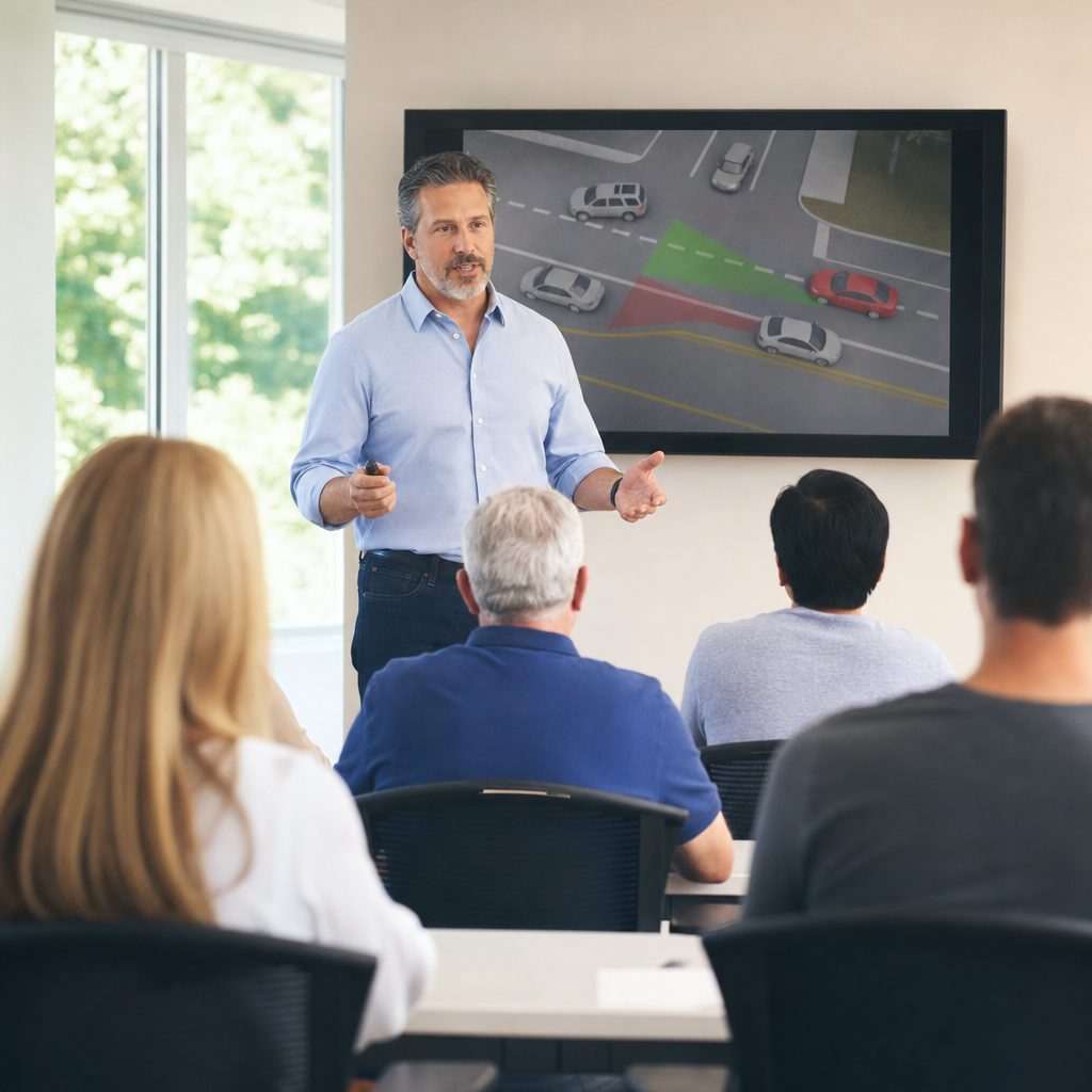 Instructor teaching an adult defensive driving and traffic school class in a modern classroom