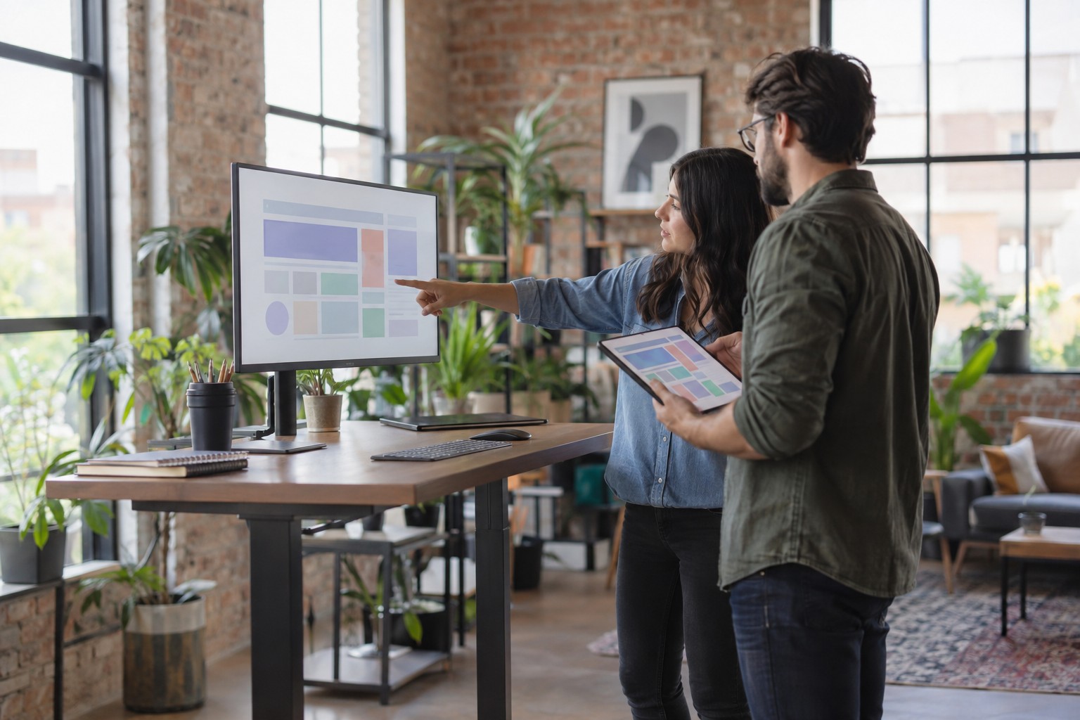 Two web designers reviewing a website wireframe layout on a monitor and tablet in a creative studio