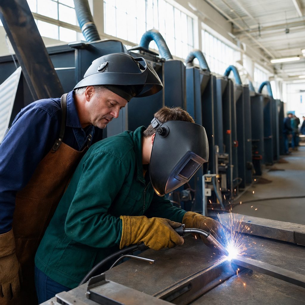 Instructor coaching a student at a welding booth inside a vocational welding school shop